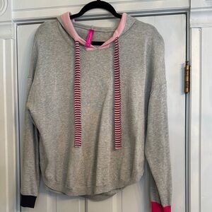 Women’s Gray Hoodie with Pink Trim and Striped Drawcords